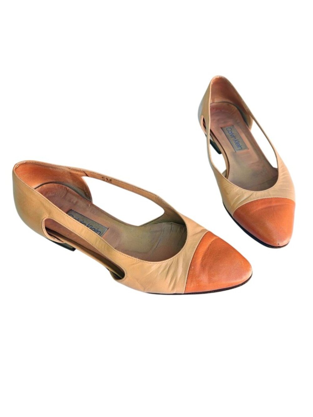 Vintage Calvin Klein Flats Italy Leather Cap Toe Cutout Beige Orange Sz 5 - Picture 2 of 12